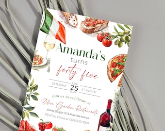 Italy birthday party invitation template, editable 45th birthday invite, wine party invite, any age, Italian themed dinner invite, P213