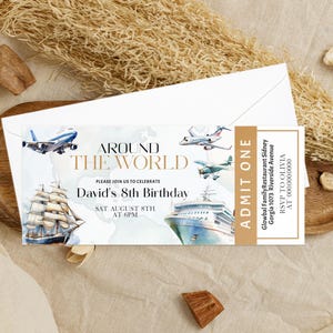 Around the world ticket invitation template, world map travel party ticket, adventure awaits birthday invite, editable boarding pass, P282