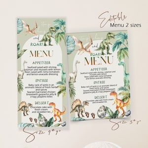Dinosaur menu card, t-rex menu, editable greenery menu template, birthday menu, dinosaur menu, printable menu card, dinner menu, P106