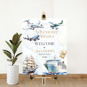 Around the World birthday welcome sign template, adventure awaits welcome sign, world map travel poster, editable birthday party decor, P282