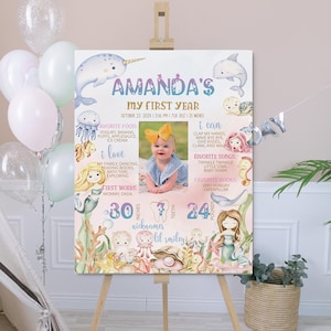 Mermaid birthday party milestone sign, under the sea birthday milestone sign, mermaid party decor, editable 1st year poster template P270