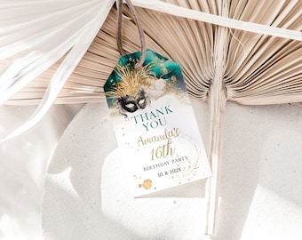 Emerald Green Gold Masquerade Thank You Tag, Mask Ball Birthday Party Gift Tag, Printable Label, Editable Template P56