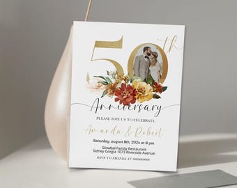 Floral 50th anniversary celebration invitation template, printable wedding anniversary invite, editable golden wedding party invite, P165
