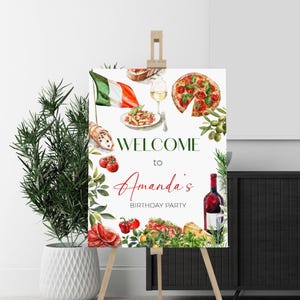 May include: Welcome to Amanda's Birthday Party sign with a watercolor illustration of Italian food, including pizza, pasta, bread, wine, and tomatoes.
