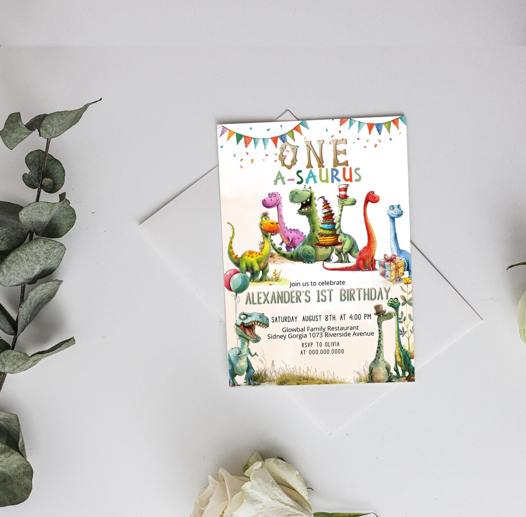 One Asaurus Design One-asaurus Invitation Template, Editable Dino Party Invite, Cute ...