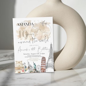 Around the world birthday invitation template, travel birthday party invitation, adventure party invite, editable 10th birthday invite, P129