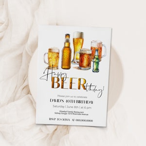 Happy BEERthday party invitation template, beer party invite, editable 40th birthday invite, beer-day invite, adult birthday, any age, P133