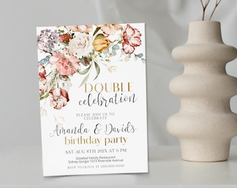 May include: A floral-themed invitation card with gold lettering that reads "DOUBLE celebration" and "Amanda & David's birthday party". The invitation includes the date, time, location, and RSVP information.