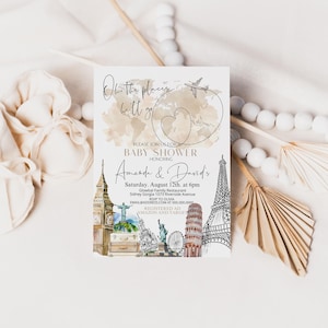 May include: Baby shower invitation with the text "Oh the places we'll go." The invitation features watercolor illustrations of famous landmarks and a world map. The invitation is for Amanda & David's baby shower.