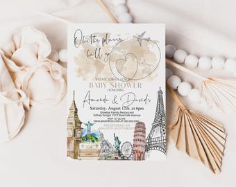 Adventure Awaits Baby Shower Invitation: Travel Map Theme (Editable Template) P129