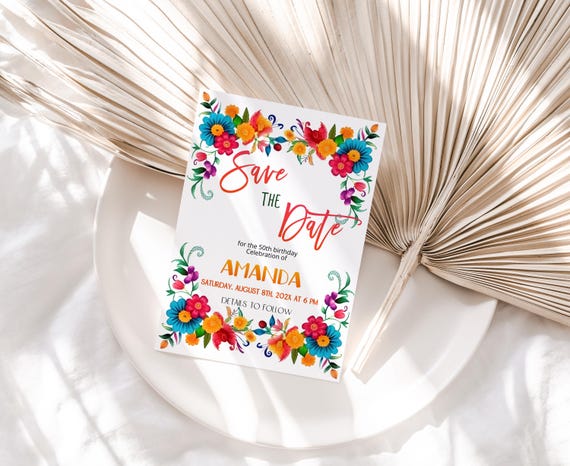 Colorful floral save the date invitation template, Mexican theme invite, Flowers birthday invite, editable fiesta save the date invite, P14