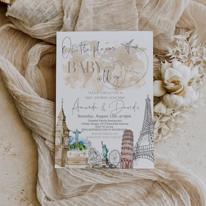 May include: Baby shower invitation with the text "Oh the places Baby will go!" featuring illustrations of famous landmarks. The invitation includes the names Amanda & David, date, time, and location.