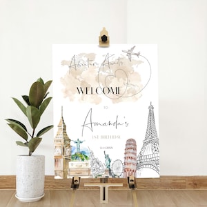 Onederful birthday welcome sign template, around the world, editable adventure travel welcome sign, world map, travel party decor, P129
