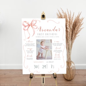 Pink bow first birthday milestone sign template, girl 1st birthday poster, editable milestone sign, girl birthday party decoration, P238