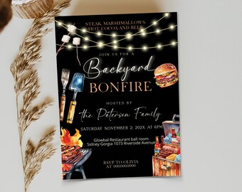 Backyard bonfire BBQ party invitation template, backyard party invite, BBQ invitation, birthday BBQ party, editable birthday invite, P92
