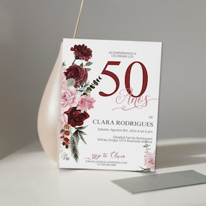 Invitación de 50 Años, spanish 50th birthday invite template, burgundy flowers birthday invite, editable boho floral invite, any age, P1