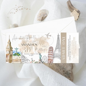 Adventure awaits birthday invitation template, around the world adult birthday invite, world map, travel party ticket, editable ticket P129