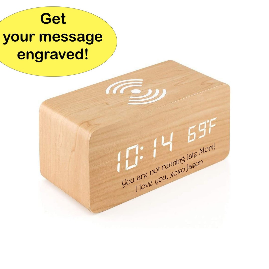 Digital Alarm Clock With Wireless Charging Pad Personalized, Wooden LED Clock With Sound, Custom