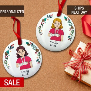 Cast On Arm Girl Christmas Ornament Personalized, Girl With Broken Arm Ornament, 1st Broken Bone Gift