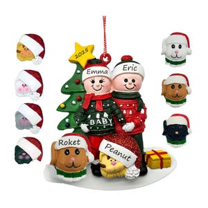 Expecting Couple with Pets Christmas Ornament: Pregnant Keepsake with Cat & Dog