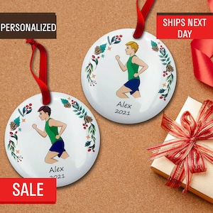 Running, Runner Boy Christmas Tree Holiday Decor Personalized Ornament, Marathon, Track, Cross Country Runner, Named First Run, Runner Male