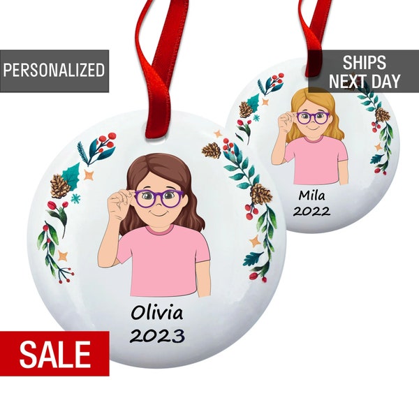 Wearing Glasses Christmas Ornament, First Glasses Kids, Little Girl w/ Glasses Personalized Ornament