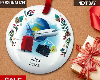 Travel Christmas Ornament, Vacation, Gift for Travelers, Holiday, Going Away, Plane Personalized ornament