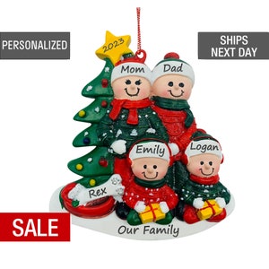 Family Ornament With Pets, Family of 4 With Dog Bone Christmas Ornament Personalized