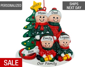 Personalized Family of 4 Christmas Ornament With Dog