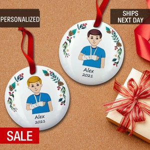 Cast On Arm Boy Christmas Ornament Personalized, Boy With Broken Arm Ornament, 1st Broken Bone Gift