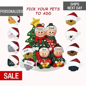 Family Ornament With Pets, Family of 4 With Dog and Cat Christmas Ornament Personalized Family of 4 With Add on Cat and Dog Ornament
