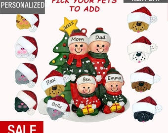 Family Ornament With Pets, Family of 4 With Dog and Cat Christmas Ornament Personalized Family of 4 With Add on Cat and Dog Ornament