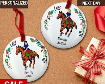 Horseback Riding Girl Christmas Ornament – Personalized Name Decoration for Equestrian Lovers