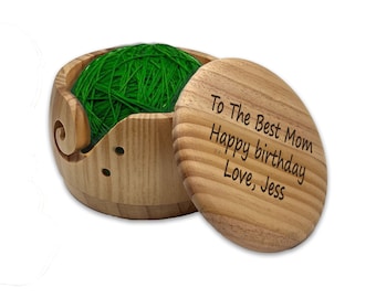 Yarn Storage Bowl Wooden with Lid Crochet Personalized Knitting Organizer