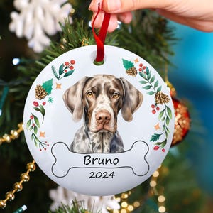 May include: White ceramic Christmas ornament with a watercolor illustration of a German Shorthaired Pointer dog. The ornament has a bone-shaped nameplate with the name "Bruno" and the year "2024" written on it. The ornament is surrounded by a wreath of green leaves, red berries, and pine cones.