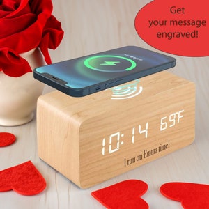 Digital Alarm Clock with Wireless Charging Pad Personalized, Valentine's Day Gift, Wooden LED Clock with Sound, Custom Clock