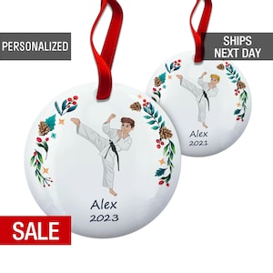 Karate Boy Christmas Ornament Personalized, Male Martial Arts Ornament, Black Belt Gift