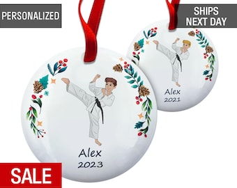Karate Boy Christmas Ornament Personalized, Male Martial Arts Ornament, Black Belt Gift