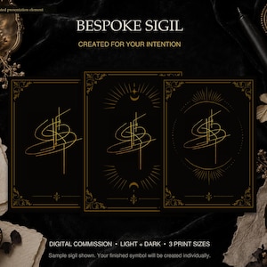 Könnte beinhalten: Drei rechteckige schwarze Karten mit goldenen Liniensiegeln. Der Text lautet BESPOKE SIGIL, CREATED FOR YOUR INTENTION, DIGITAL COMMISSION, LIGHT + DARK, 3 PRINT SIZES und Sample sigil shown. Your finished symbol will be created individually.