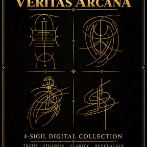 Könnte beinhalten: Ein schwarzer Digitaldruck mit dem goldenen Text VERITAS ARCANA oben und 4-SIGIL DIGITAL COLLECTION unten. Vier goldene Linien-Sigillen sind in einem Raster angeordnet, darunter stehen die Wörter TRUTH, STILLNESS, CLARITY und REVELATION.