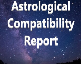 Op de afbeelding: Een donkerblauwe nachthemel met een witte melkweg en veel sterren. De tekst "Astrological Compatibility Report" is geschreven in witte, 3D-letters.
