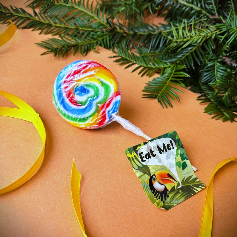 May include: A colorful lollipop with a rainbow swirl design on a stick. The lollipop has a tag attached that says "Eat Me!" with a toucan illustration.
