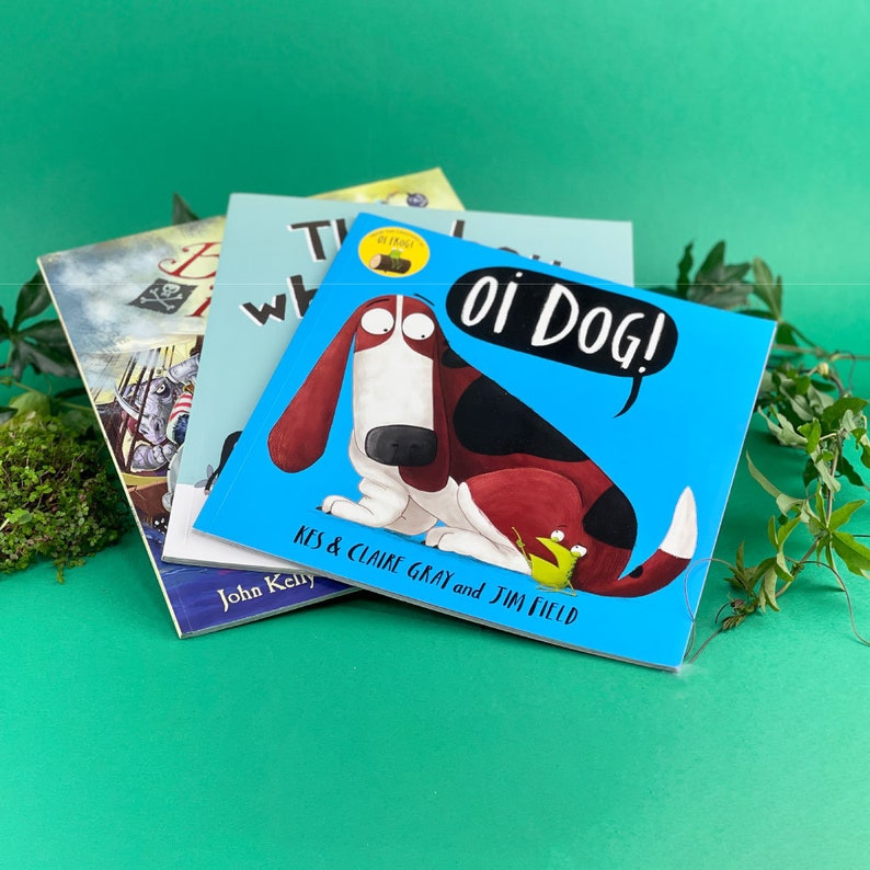 May include: Three children's books stacked on top of each other. The top book is blue with a white speech bubble that says "Oi Dog!" and features a cartoon illustration of a brown and black dog. The middle book is white with the text "The Lost Whale" and the bottom book is red with the text "The Pirate Who Didn't Like Treasure".