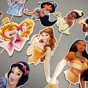 May include: A set of 8 princess character cake toppers. The toppers are printed on cardstock and feature Disney princesses such as Snow White, Belle, Jasmine, Pocahontas, and more. Each topper has a wooden stick attached to the back.