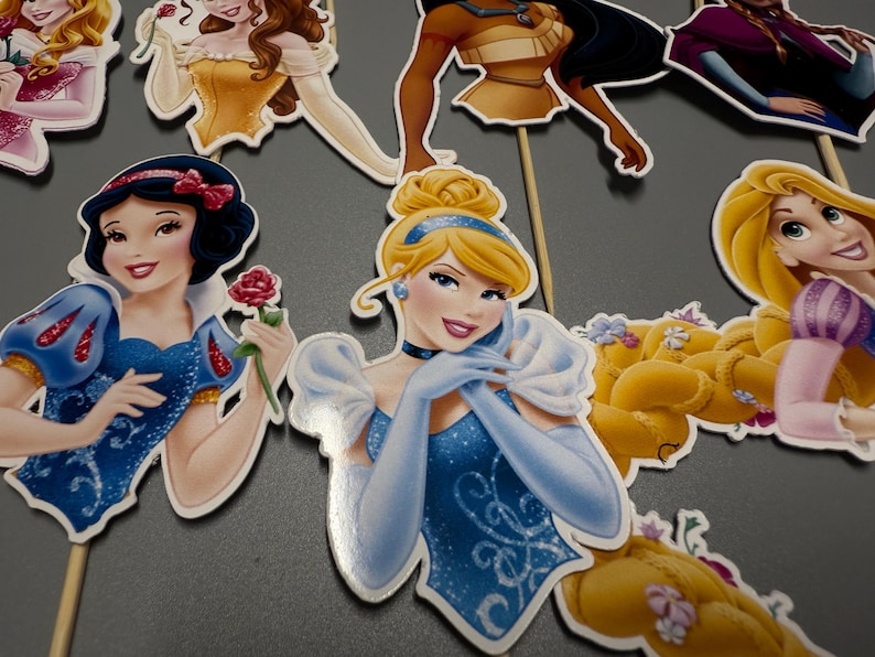 May include: A set of 10 princess character cake toppers. The toppers feature Cinderella, Snow White, Belle, Rapunzel, and Pocahontas. The toppers are made of cardboard and have a stick on the back for easy insertion into cakes.
