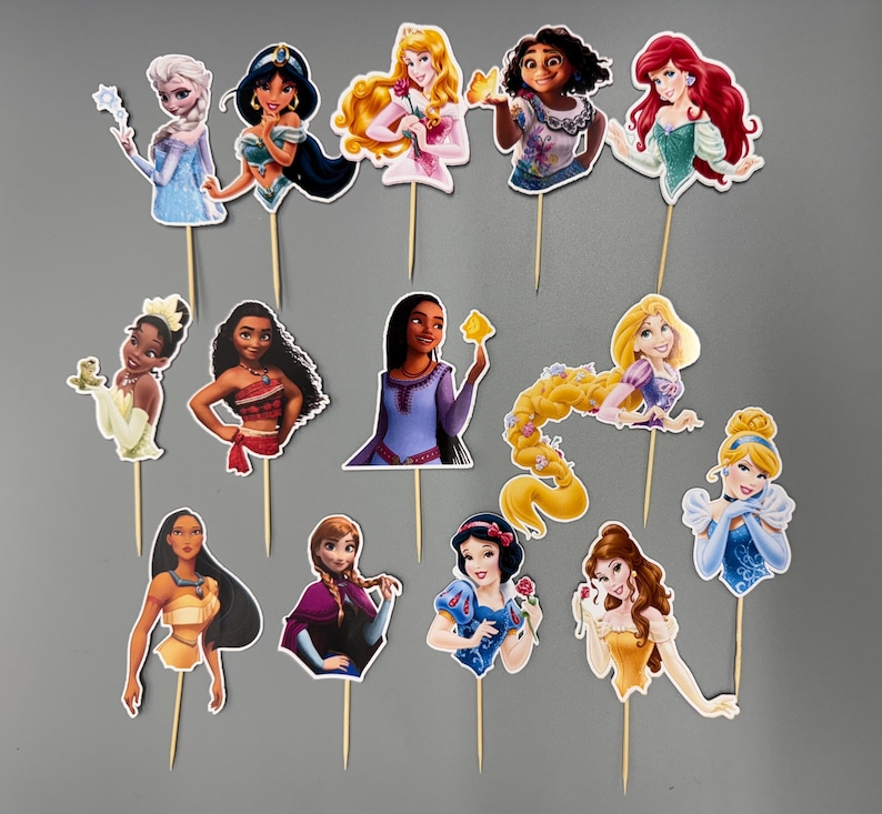 May include: A set of 13 princess themed cake toppers. The toppers feature various Disney princesses, including Cinderella, Snow White, Ariel, Belle, and more. Each topper is printed on cardstock and attached to a wooden stick.