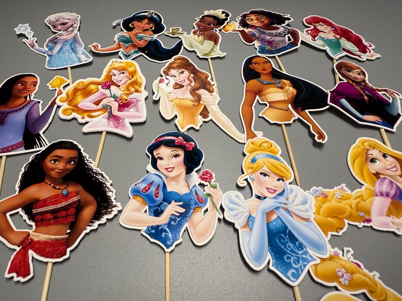 May include: A set of 14 princess character cake toppers. The toppers are printed on cardstock and feature various Disney princesses, including Snow White, Cinderella, Ariel, Belle, and Moana. Each topper has a stick attached to the back for easy insertion into a cake.