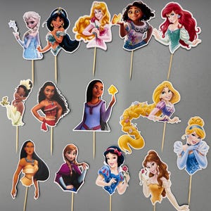May include: Set of 12 princess themed cake toppers. Each topper features a different Disney princess, including Ariel, Belle, Cinderella, Elsa, Jasmine, Mulan, Pocahontas, Rapunzel, Snow White, Tiana, and Moana. The toppers are printed on cardstock and attached to wooden skewers.