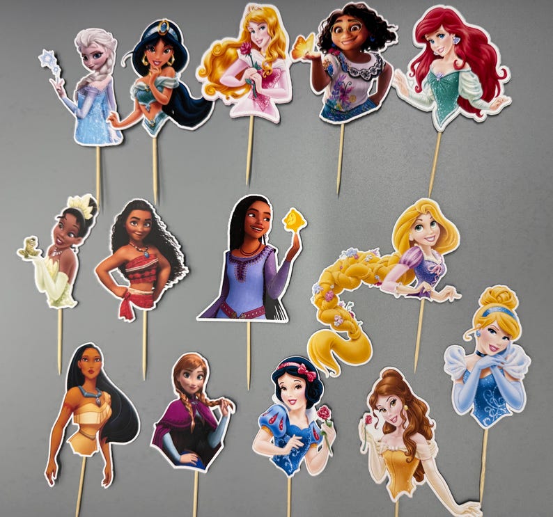 May include: Set of 12 princess themed cake toppers. Each topper features a different Disney princess, including Ariel, Belle, Cinderella, Elsa, Jasmine, Mulan, Pocahontas, Rapunzel, Snow White, Tiana, and Moana. The toppers are printed on cardstock and attached to wooden skewers.