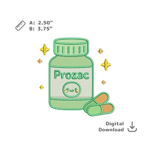 Prozac Stickdatei Antidepressivum Antidepressivum Pillenflasche mit Smiley Kapseln dst pes jef vp3 emb